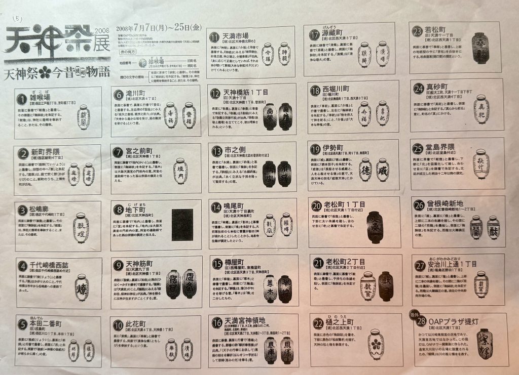  天神祭で各町に掲げられているちょうちんの説明が書かれたプリント。