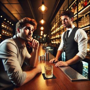 カクテルの名前を知らない初心者が、バーで注文する方法を考えている様子。BAR ALBAのカウンターにて。