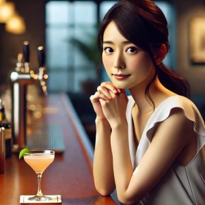 バー初心者で緊張している20代日本人女性がバー・アルバのカウンターでカクテルを眺める様子