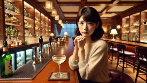 バー初心者で緊張している20代日本人女性がバー・アルバのカウンターでカクテルを眺める様子