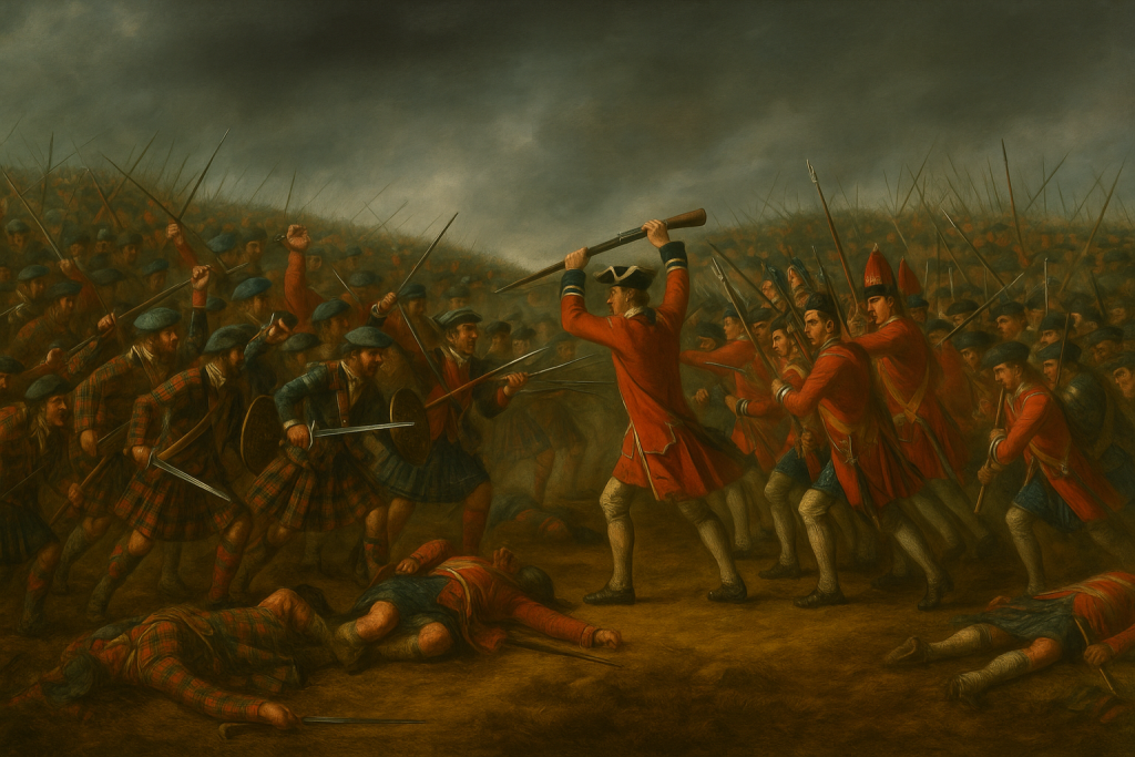 1746年のカロデンの戦いを描いたイメージ。スコットランドのハイランド兵と、赤い軍服を着たハノーヴァー家率いるイングランド軍が多数入り乱れて激突する壮大な戦闘シーン。