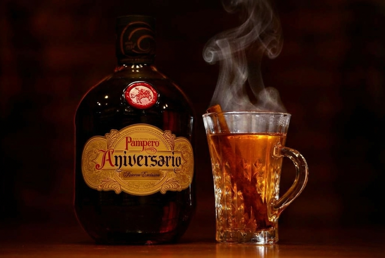 湯気が立ち上るホットカクテル「グロッグ」とラム酒のボトル。シナモンスティックとスパイスが香る冬の一杯。