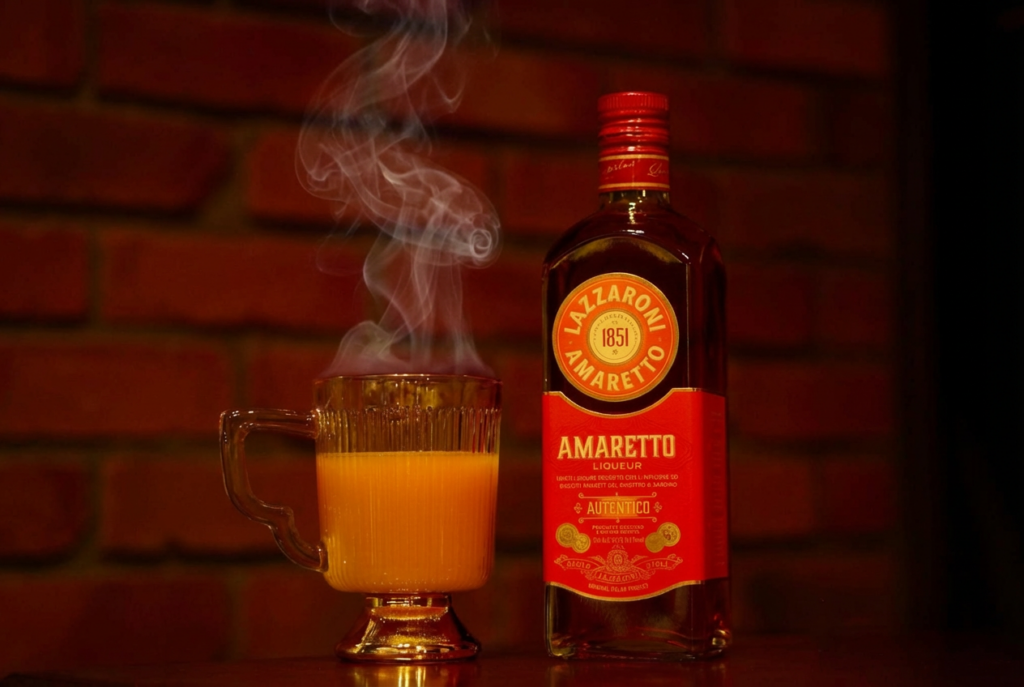 ラッツァローニ・アマレットのボトルと、温かいオレンジジュースで作るホットカクテル「ホット・イタリアーノ」。BAR ALBAで提供される冬の一杯。