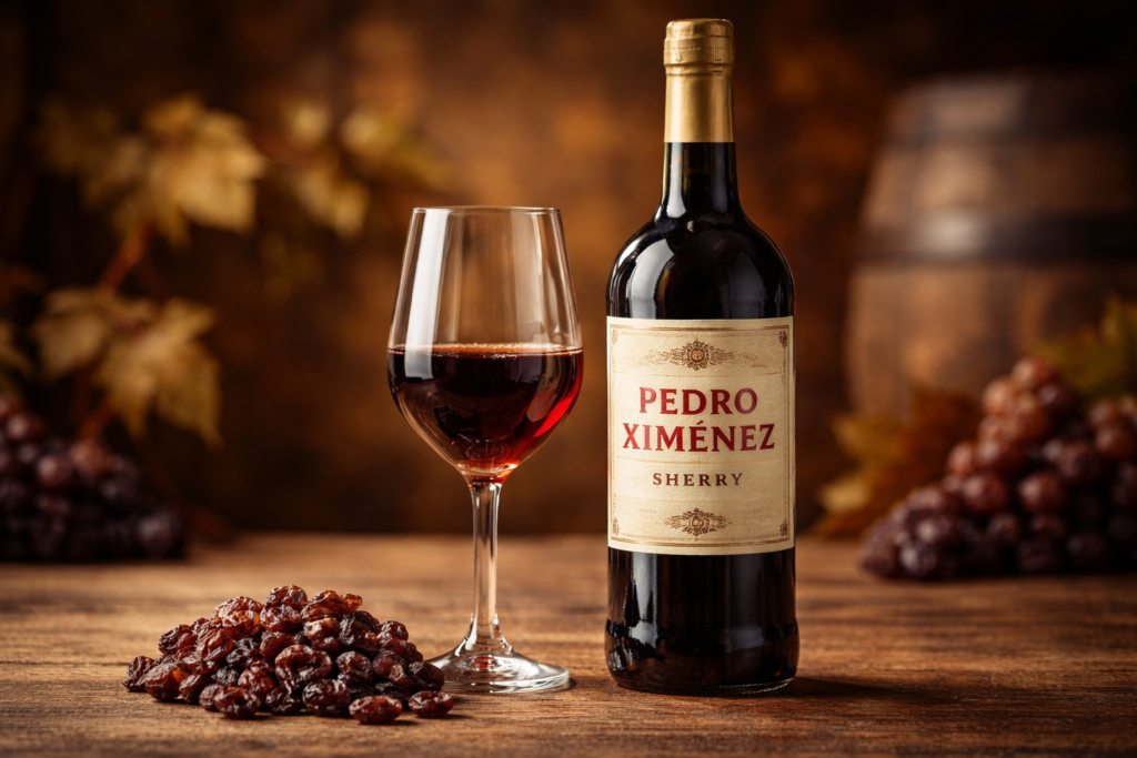 ペドロヒメネスシェリーのボトルとワイングラス、干し葡萄を添えた香りのイメージ写真