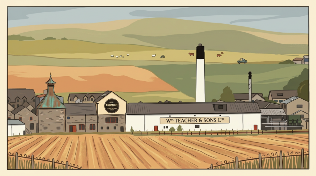 スコットランドのアードモア蒸溜所（Wm. Teacher & Sons Ltd.）外観イラスト｜ティーチャーズ・ハイランドクリームのキーモルトを製造するハイランドの蒸溜所