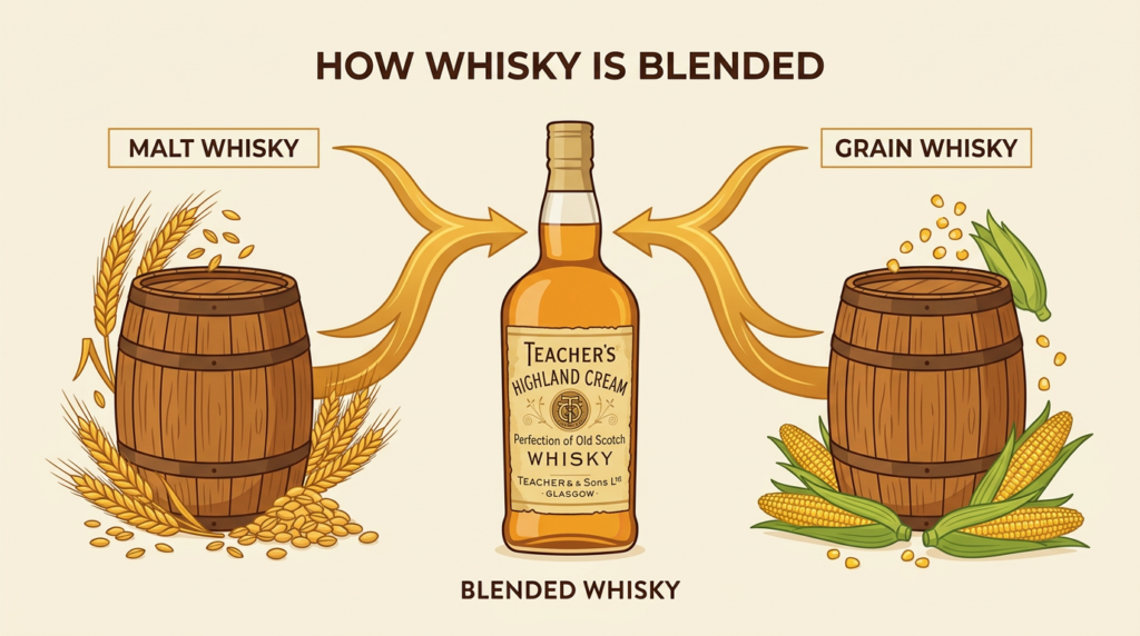 ティーチャーズ・ハイランドクリームができるまで｜モルトウイスキー（大麦）とグレーンウイスキー（とうもろこし）の2種類の樽をブレンドして造られるブレンデッドスコッチウイスキーの製造工程を図解したインフォグラフィック