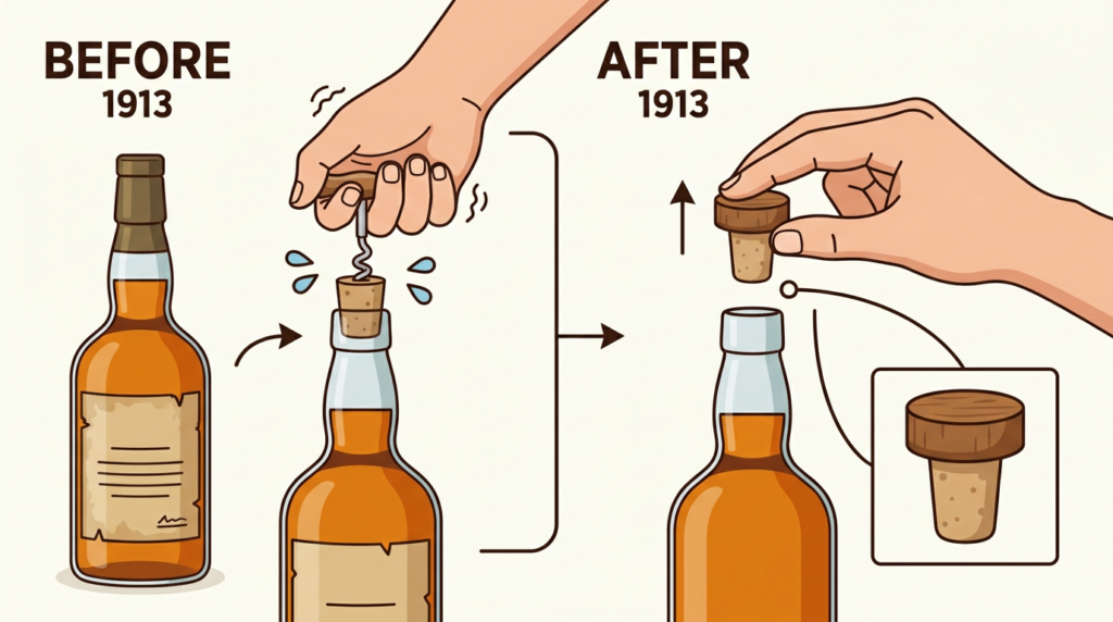 1913年にティーチャーズが発明したセルフオープニングボトルの比較イラスト｜左：コルク抜きが必要だった従来のウイスキーボトル、右：T字型コルク栓を手で引き抜けるティーチャーズの革新的なボトル